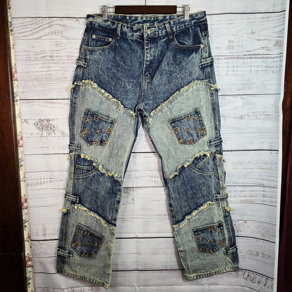 Y2K Patchwork Denim Jeans Size 38 Distressed Baggy‎ Skater Streetwear Grunge